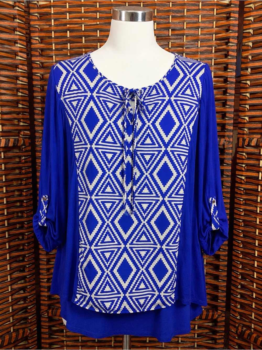 Signature Studio Blue and White Geometric Tie-Neck Tunic